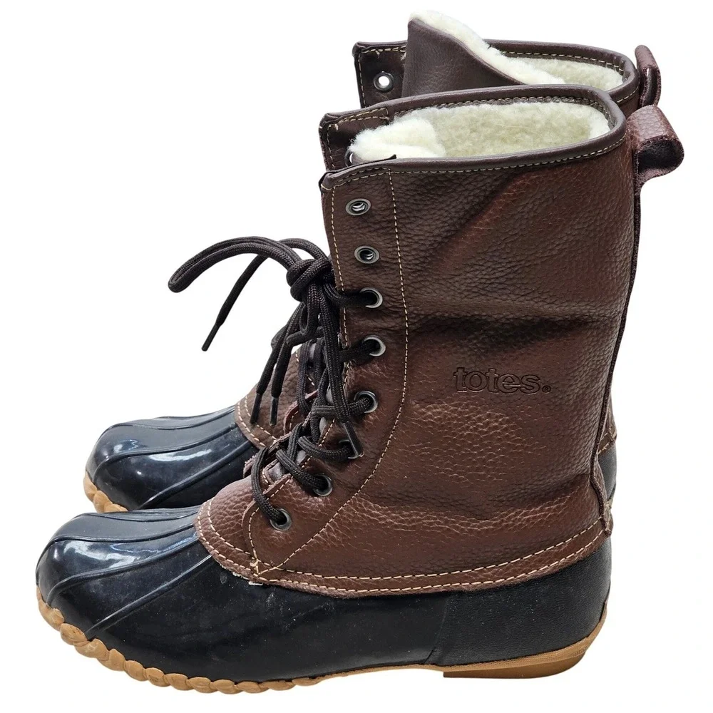 Totes Daphne Brown Black Faux Fur Lined Duck Boots Womens 9 Med‎ Steel Shank